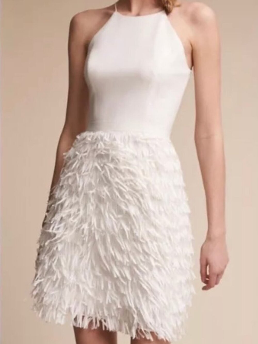 AIDAN MATTOX Women's NEW Anthropologie Crepe Halter Fringe Dress Ivory | Size 6